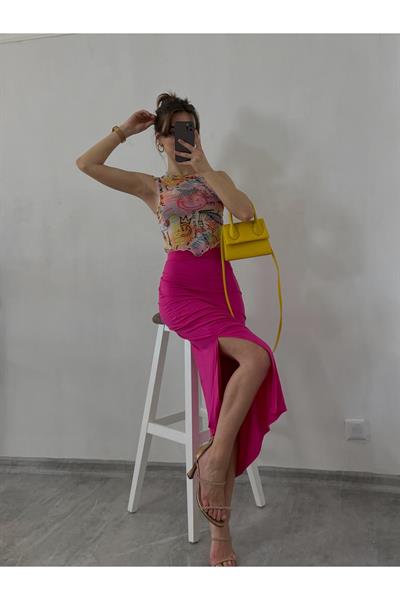 Pembe Yırtmaçlı Penye Etek