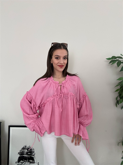 Pixy Bağlama Detaylı Pembe Bluz 