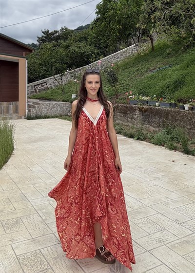 Rajani Etnik Desen Asimetrik Hint İpeğ Nar Çiçeğii Elbise