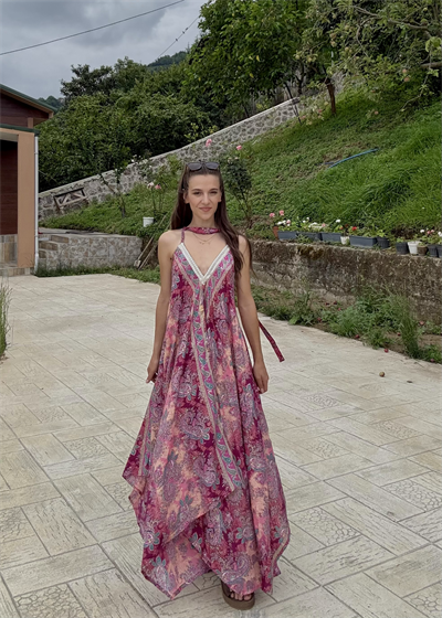 Rajani Etnik Desen Asimetrik Hint İpeği Pembe Elbise