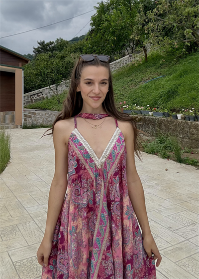 Rajani Etnik Desen Asimetrik Hint İpeği Pembe Elbise