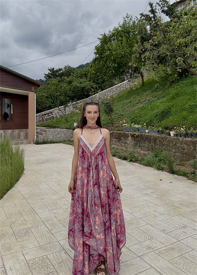 Rajani Etnik Desen Asimetrik Hint İpeği Pembe Elbise