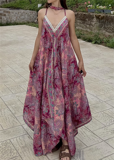 Rajani Etnik Desen Asimetrik Hint İpeği Pembe Elbise