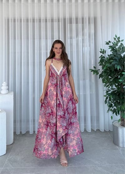 Rajani Etnik Desen Asimetrik Hint İpeği Pembe Elbise