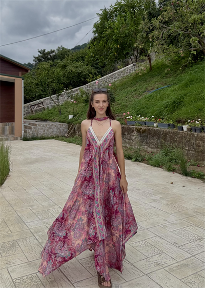 Rajani Etnik Desen Asimetrik Hint İpeği Pembe Elbise