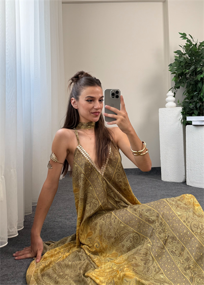 Rajani Etnik Desen Asimetrik Kesim Hint İpeği Elbise
