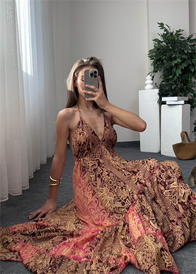 Ravena Etnik Desen Sırt Dekolteli Asimetrik Elbise