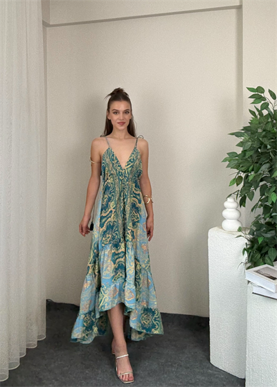 Ravena Etnik Desen Sırt Dekolteli Asimetrik Elbise