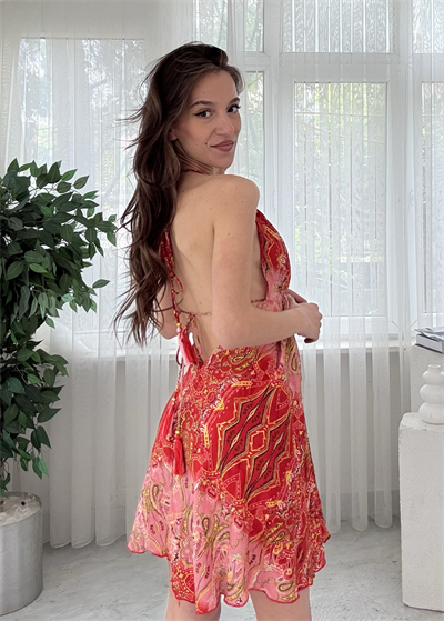 Rosalya Mini Etnik Desen İpek Sırt Dekolteli Elbise