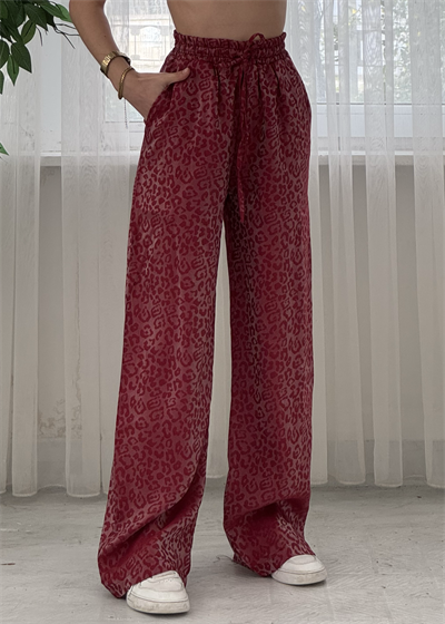 Roxy Kırmızı  Leopar Desen Bol Paça Saten Pantolon 