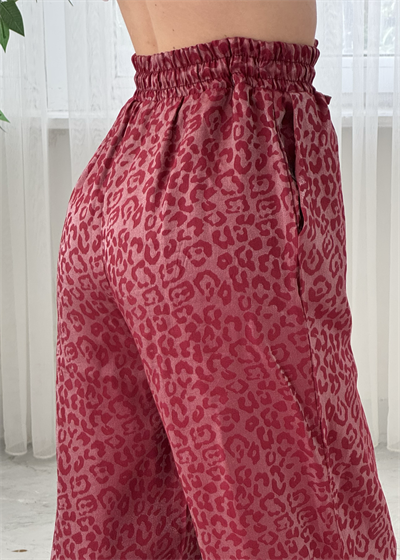 Roxy Kırmızı  Leopar Desen Bol Paça Saten Pantolon 