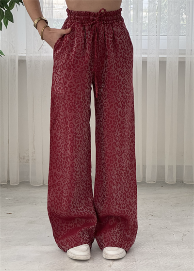 Roxy Kırmızı  Leopar Desen Bol Paça Saten Pantolon 