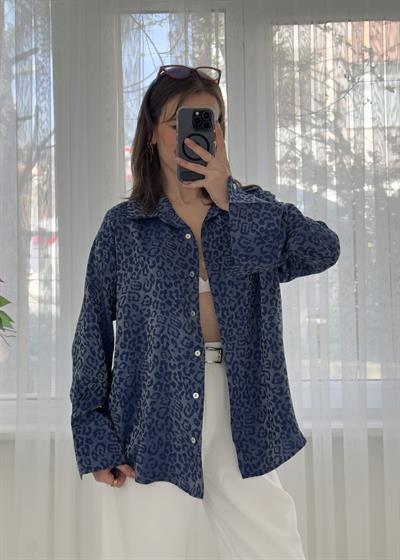 Roxy Lacivert Leopar Desen Saten Gömlek 