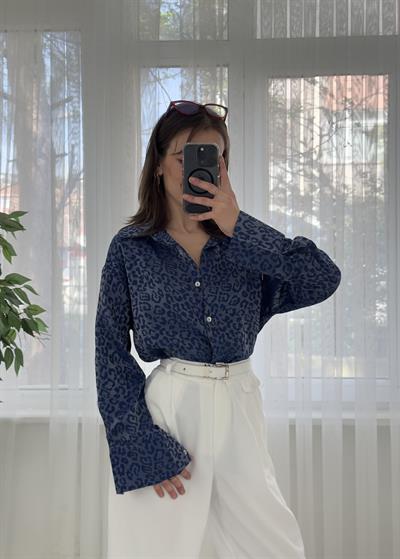 Roxy Lacivert Leopar Desen Saten Gömlek 