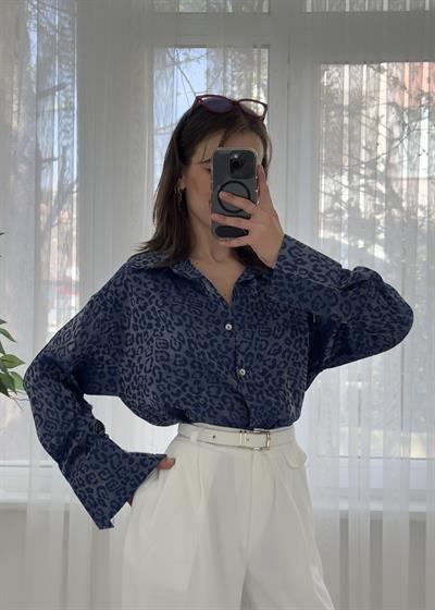Roxy Lacivert Leopar Desen Saten Gömlek 
