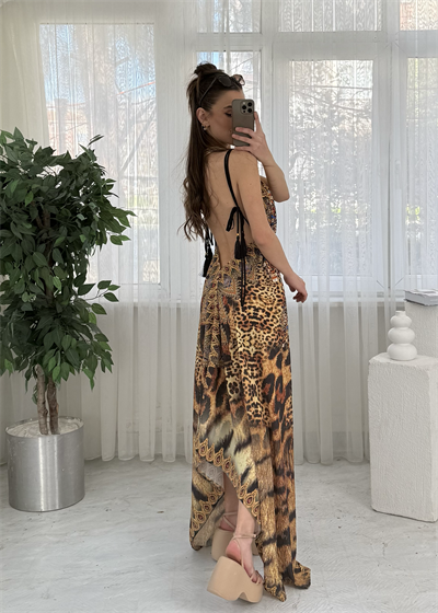 Sahara Etnik Desen Sırtt Dekolteli Desenli Elbise