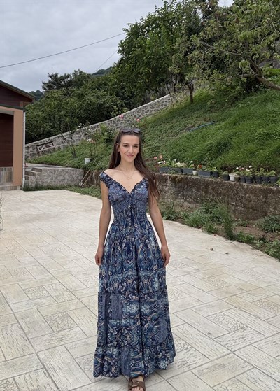 Seranya Gipeli  Etnik Desen İpek Lacivert Elbise 