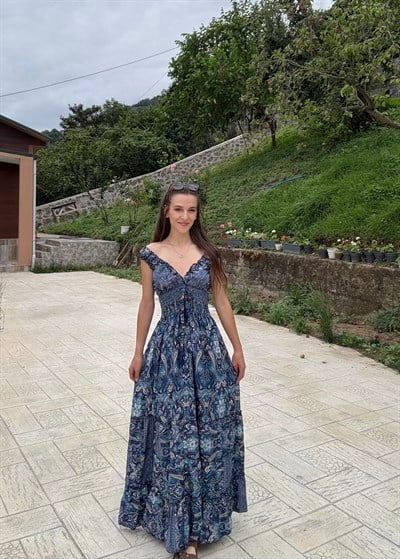 Seranya Gipeli  Etnik Desen İpek Lacivert Elbise 
