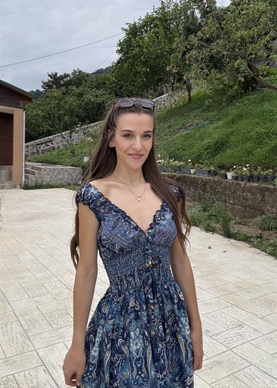 Seranya Gipeli  Etnik Desen İpek Lacivert Elbise 
