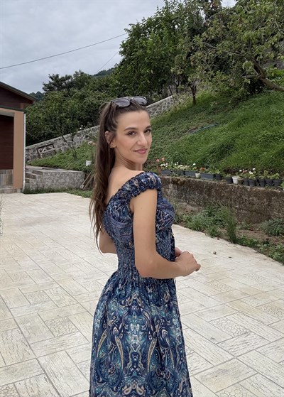 Seranya Gipeli  Etnik Desen İpek Lacivert Elbise 