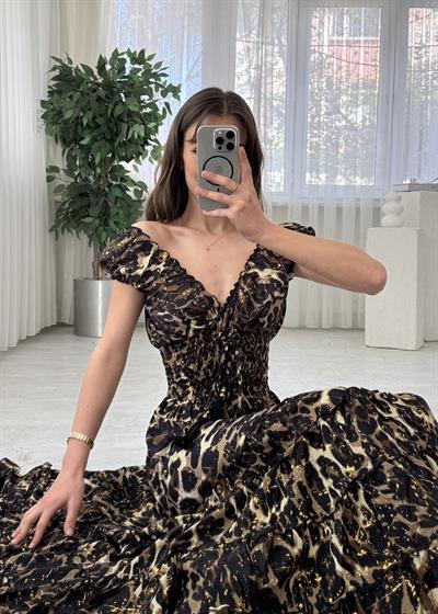 Seranya Gipeli Leopar  Etnik Desen İpek Elbise 