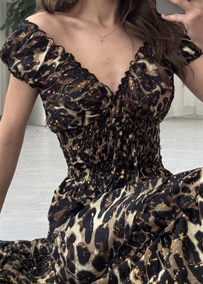 Seranya Gipeli Leopar  Etnik Desen İpek Elbise 