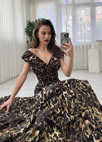 Seranya Gipeli Leopar  Etnik Desen İpek Elbise 