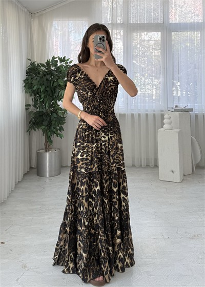 Seranya Gipeli Leopar  Etnik Desen İpek Elbise 