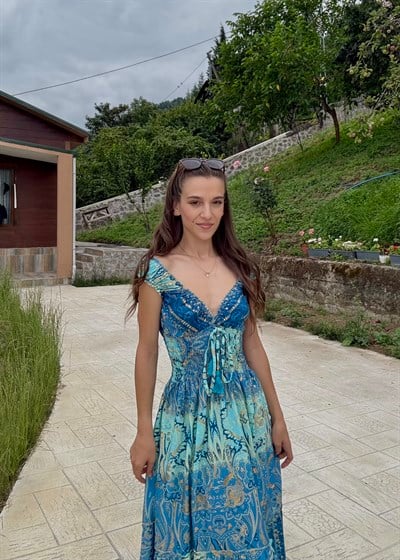 Seranya Gipeli Mavi  Etnik Desen İpek Elbise 