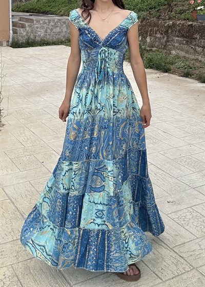 Seranya Gipeli Mavi  Etnik Desen İpek Elbise 