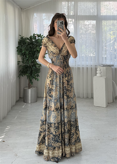 Seranya Gipeli Nude Etnik Desen İpek Elbise 