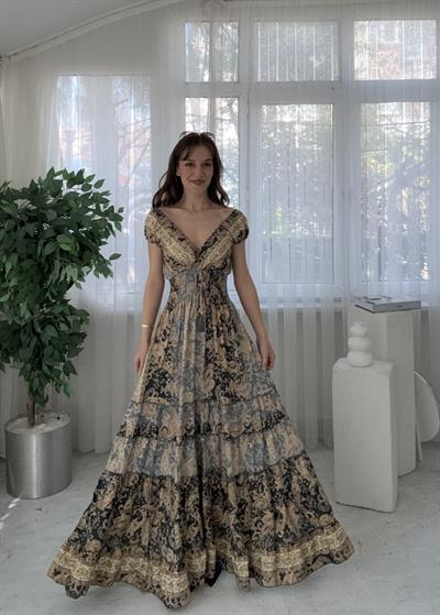 Seranya Gipeli Nude Etnik Desen İpek Elbise 