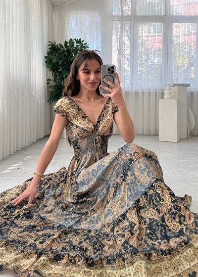 Seranya Gipeli Nude Etnik Desen İpek Elbise 