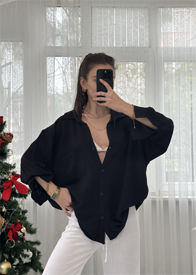 Siyah İthal Ayrobin Tek Cepli Oversize Gömlek 