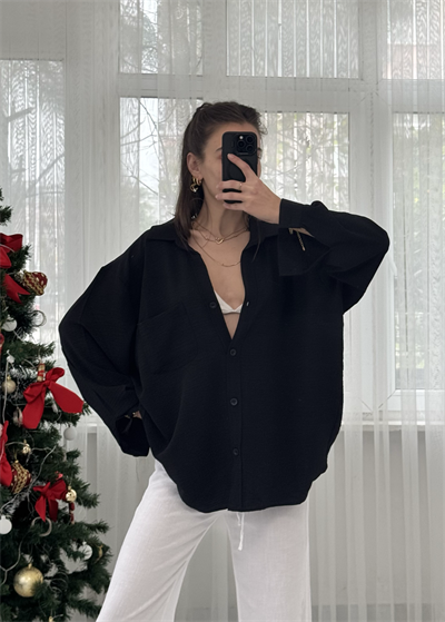 Siyah İthal Ayrobin Tek Cepli Oversize Gömlek 