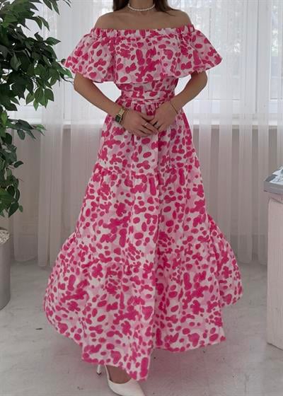 Sleed Midi Madonna Yaka Pembe Elbise