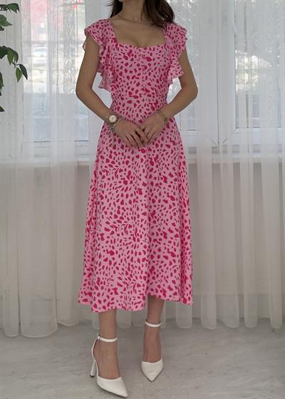 Solea Pembe Midi Viskon Kol Volanlı Elbise