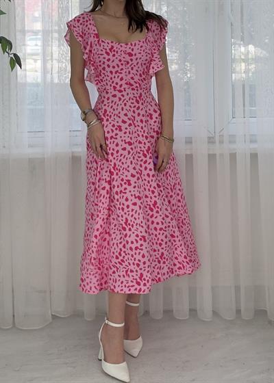Solea Pembe Midi Viskon Kol Volanlı Elbise