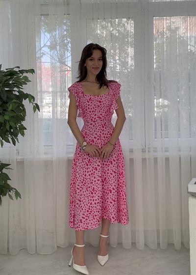 Solea Pembe Midi Viskon Kol Volanlı Elbise