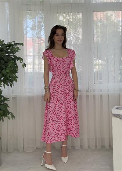 Solea Pembe Midi Viskon Kol Volanlı Elbise
