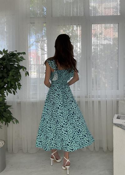 Solea Turkuaz Midi Kol Volanlı Elbise