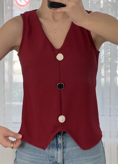 Square Bordo Ottoman  Yelek Görünümlü Bluz