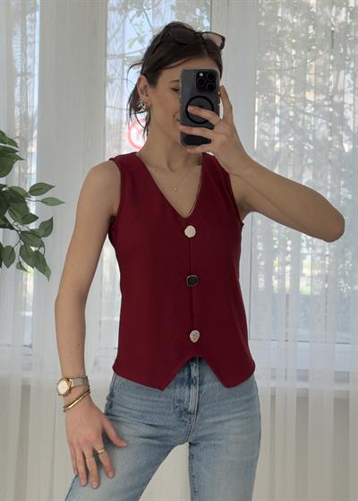 Square Bordo Ottoman  Yelek Görünümlü Bluz