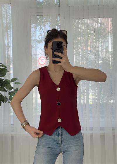 Square Bordo Ottoman  Yelek Görünümlü Bluz