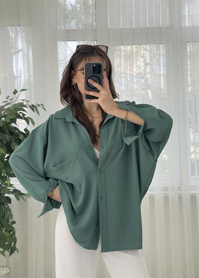 Su Yeşili İthal Ayrobin Tek Cep Oversize Gömlek 