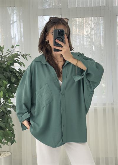 Su Yeşili İthal Ayrobin Tek Cep Oversize Gömlek 