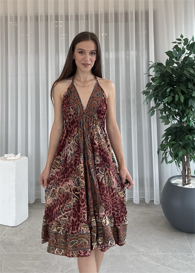 Talia Etnik Desen İpek Elbise 