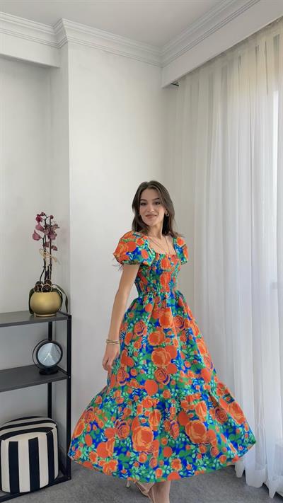 Turuncu Desenli Midi Gipeli Elbise