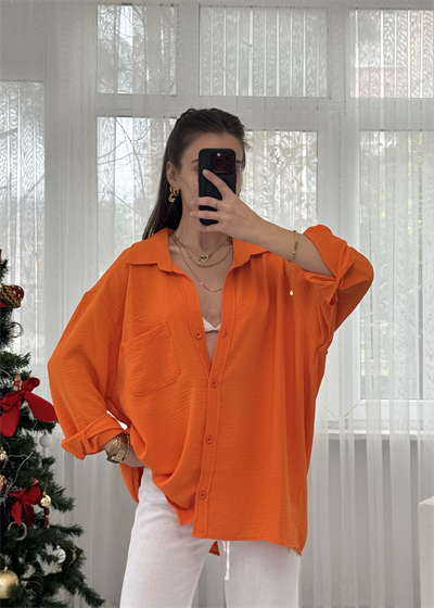 Turuncu İthal Ayrobin Tek Cepli Oversize Gömlek 
