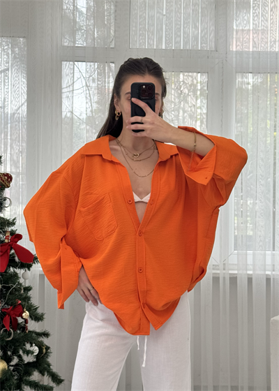 Turuncu İthal Ayrobin Tek Cepli Oversize Gömlek 